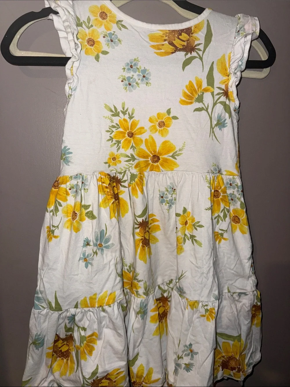 Girls' Sunflower Print Ruffle-Sleeve Cotton Dress - White & Yellow